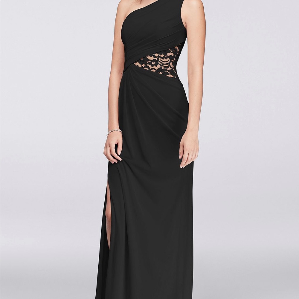 David’s Bridal One-Shoulder Mesh Bridesmaids Dress with Lace Inset - Black